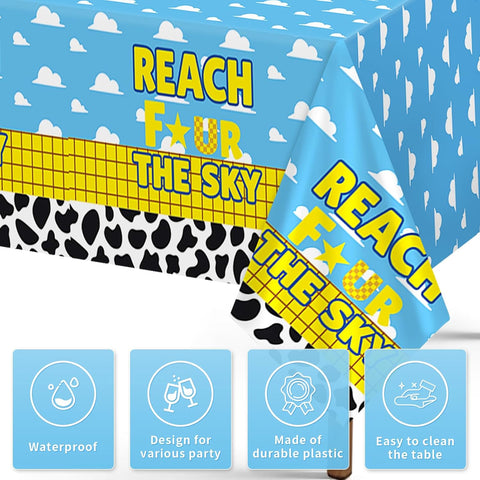 3Pcs 4th Birthday Cartoon Story Tablecloth 54" x 108" - Reach Four the Sky Blue Sky Plastic Table Cover for Boys - Grencian