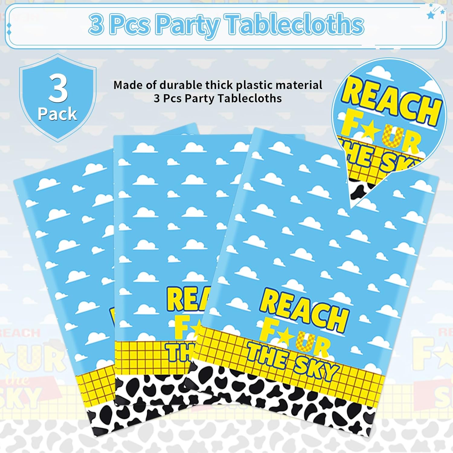 3Pcs 4th Birthday Cartoon Story Tablecloth 54" x 108" - Reach Four the Sky Blue Sky Plastic Table Cover for Boys - Grencian