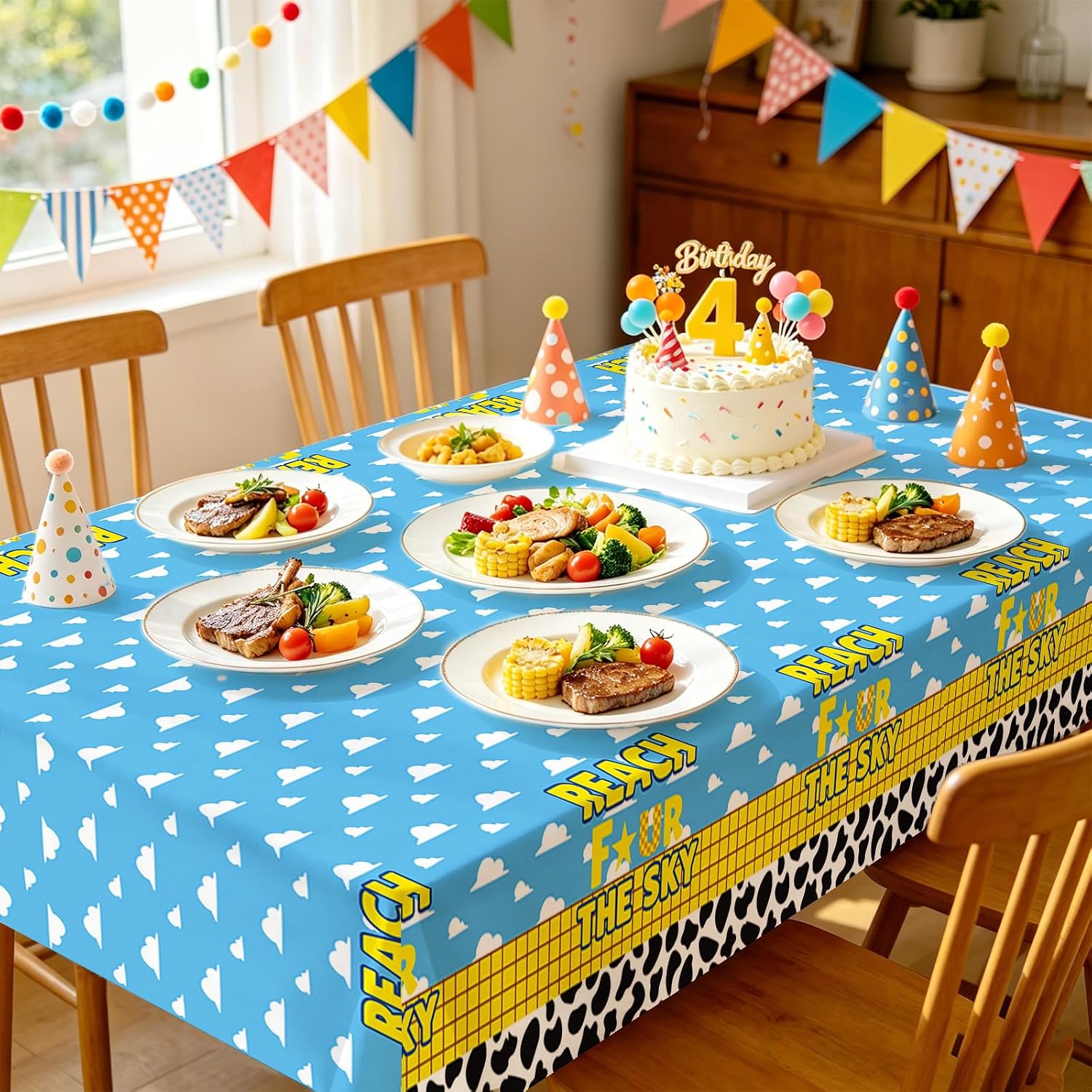 3Pcs 4th Birthday Cartoon Story Tablecloth 54" x 108" - Reach Four the Sky Blue Sky Plastic Table Cover for Boys - Grencian