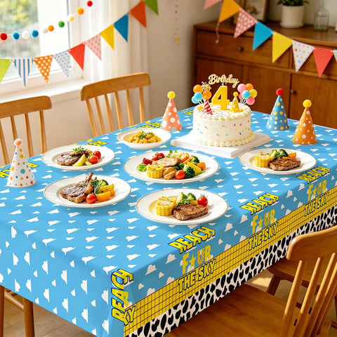 3Pcs 4th Birthday Cartoon Story Tablecloth 54" x 108" - Reach Four the Sky Blue Sky Plastic Table Cover for Boys - Grencian