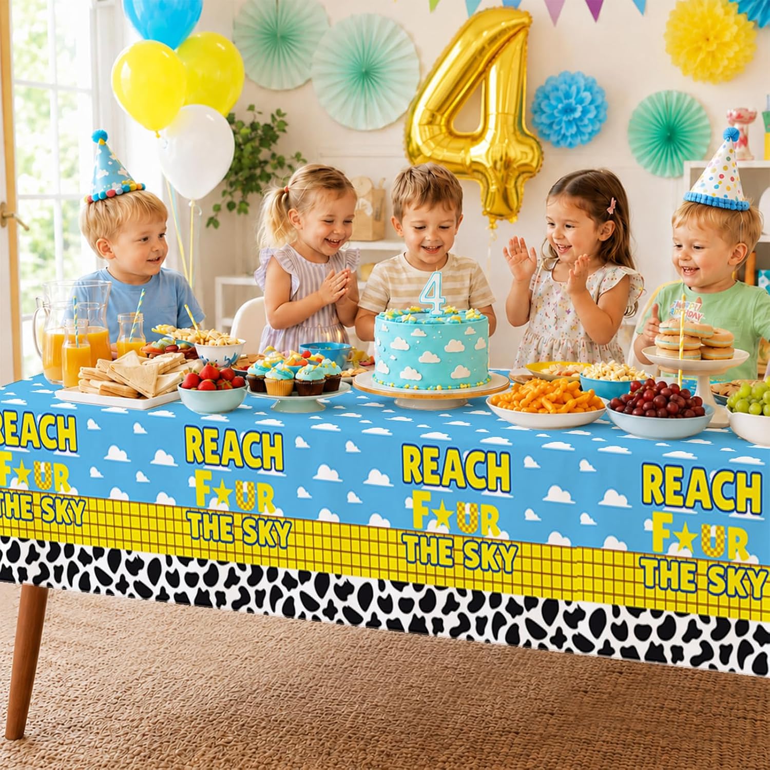 3Pcs 4th Birthday Cartoon Story Tablecloth 54" x 108" - Reach Four the Sky Blue Sky Plastic Table Cover for Boys - Grencian