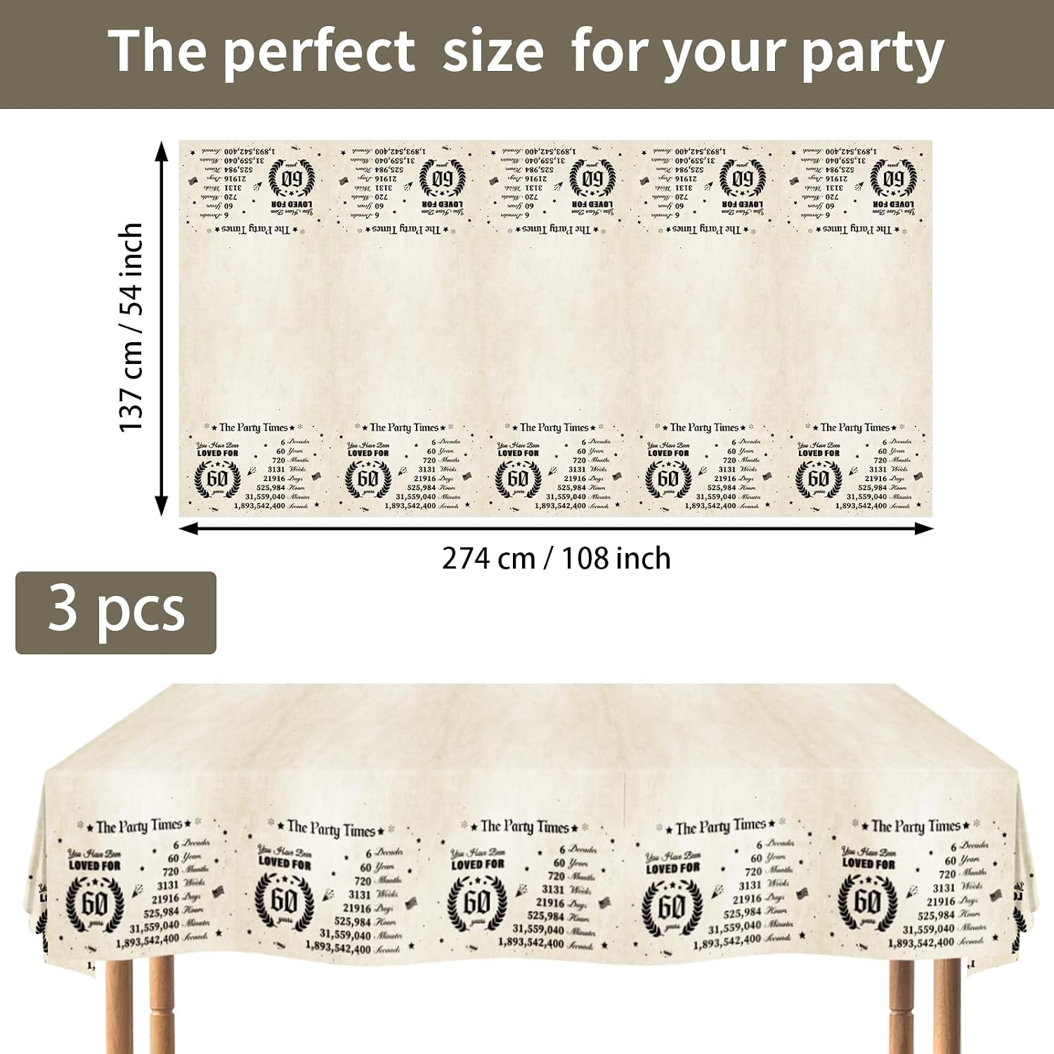 3Pcs 60th Birthday Tablecloth 54" x 108" - Vintage Back in 1966 Retro Rectangle Table Cover for Men Women - Grencian