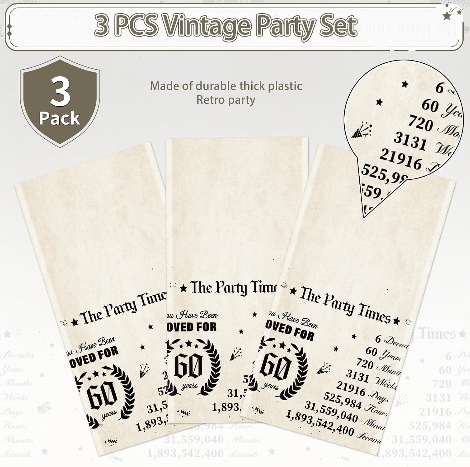 3Pcs 60th Birthday Tablecloth 54" x 108" - Vintage Back in 1966 Retro Rectangle Table Cover for Men Women - Grencian