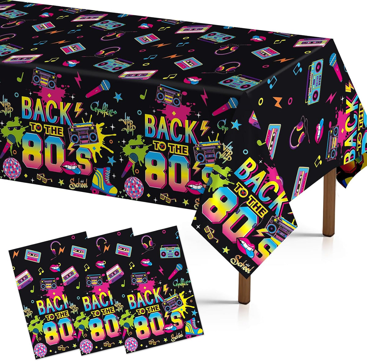 3Pcs 80s Theme Party Tablecloth 54" x 108" - Back to the 80s Neon Retro Rectangle Table Cover for 1980s Party - Grencian