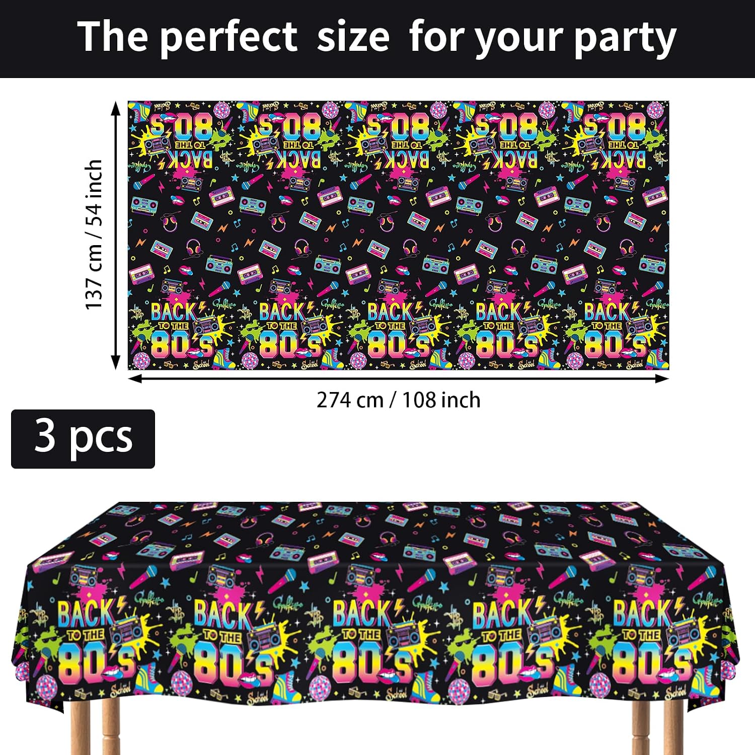 3Pcs 80s Theme Party Tablecloth 54" x 108" - Back to the 80s Neon Retro Rectangle Table Cover for 1980s Party - Grencian