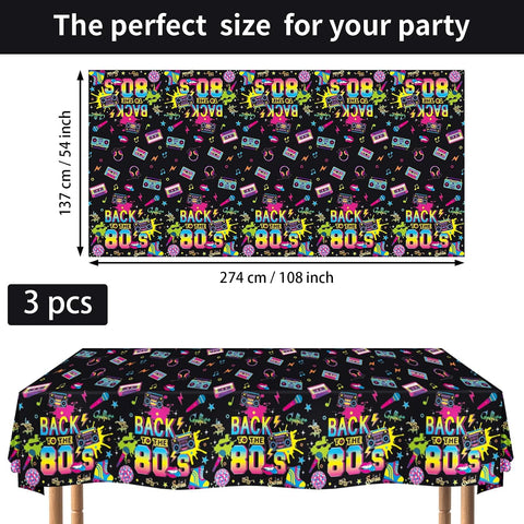 3Pcs 80s Theme Party Tablecloth 54" x 108" - Back to the 80s Neon Retro Rectangle Table Cover for 1980s Party - Grencian