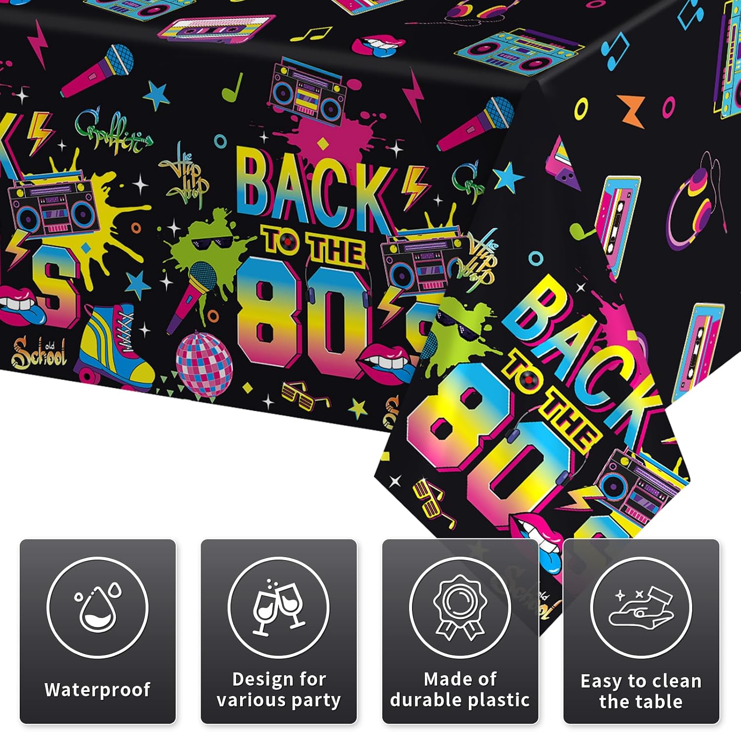 3Pcs 80s Theme Party Tablecloth 54" x 108" - Back to the 80s Neon Retro Rectangle Table Cover for 1980s Party - Grencian