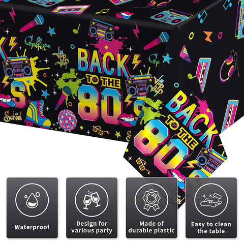 3Pcs 80s Theme Party Tablecloth 54" x 108" - Back to the 80s Neon Retro Rectangle Table Cover for 1980s Party - Grencian