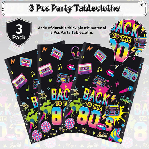 3Pcs 80s Theme Party Tablecloth 54" x 108" - Back to the 80s Neon Retro Rectangle Table Cover for 1980s Party - Grencian