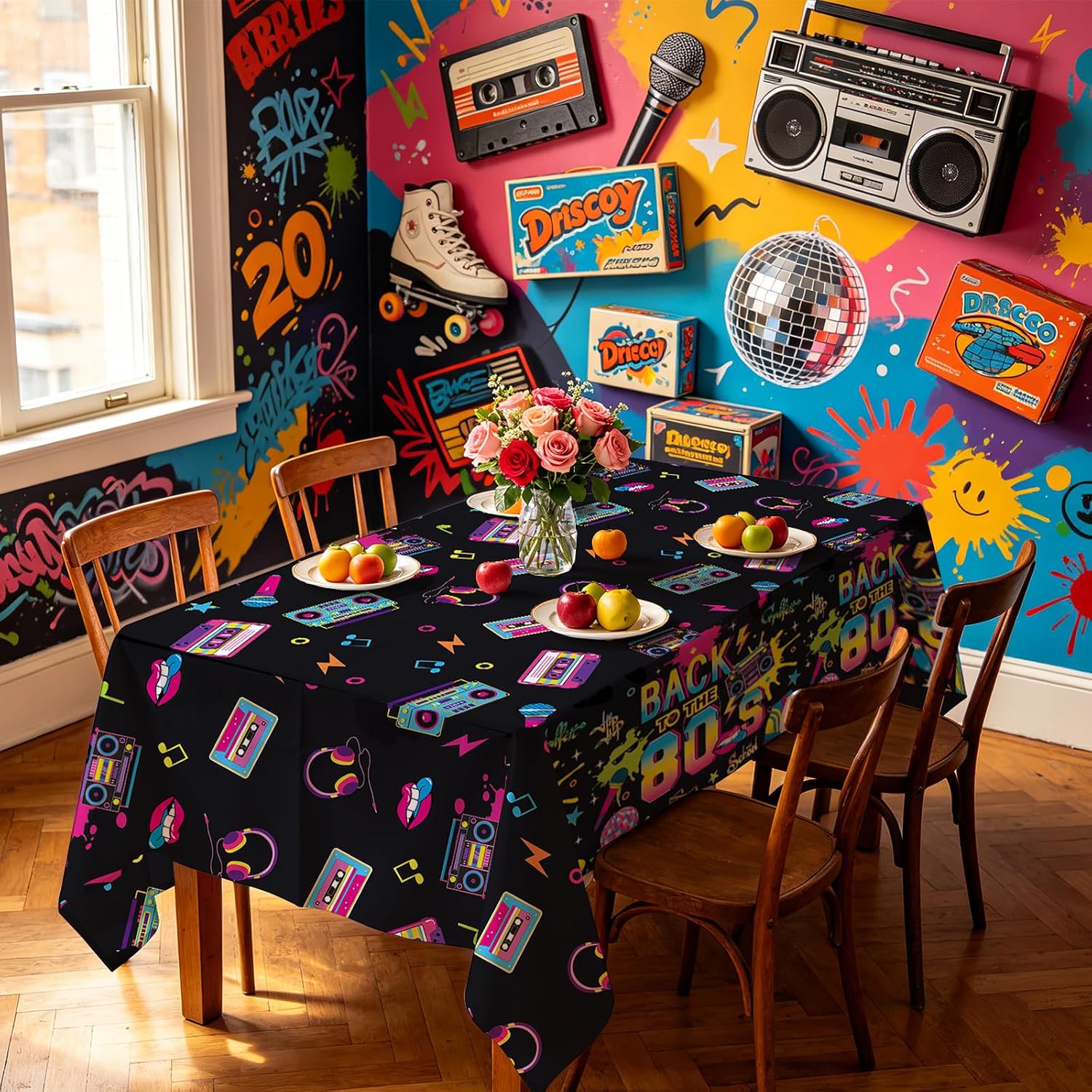 3Pcs 80s Theme Party Tablecloth 54" x 108" - Back to the 80s Neon Retro Rectangle Table Cover for 1980s Party - Grencian