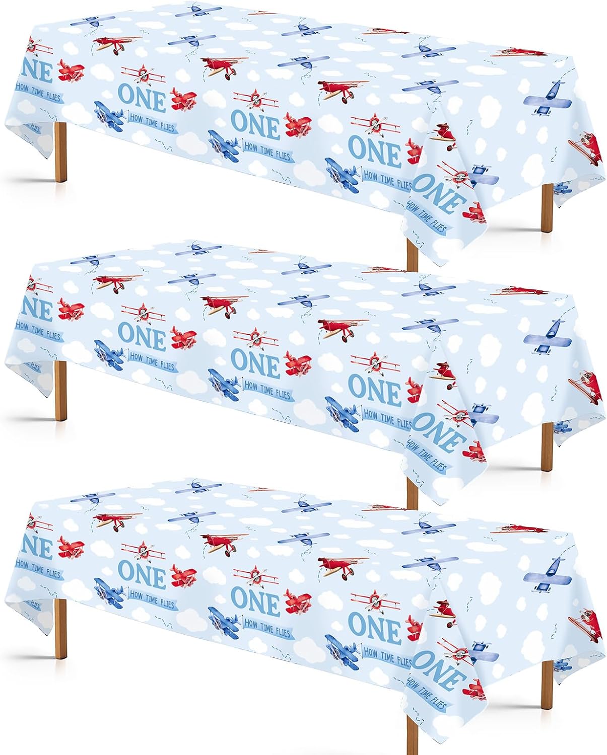 3Pcs Airplane 1st Birthday Tablecloth 54" x 108" - Time Flies Plastic Waterproof Table Cover for Boy Baby Shower - Grencian