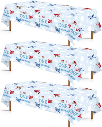 3Pcs Airplane 1st Birthday Tablecloth 54" x 108" - Time Flies Plastic Waterproof Table Cover for Boy Baby Shower - Grencian