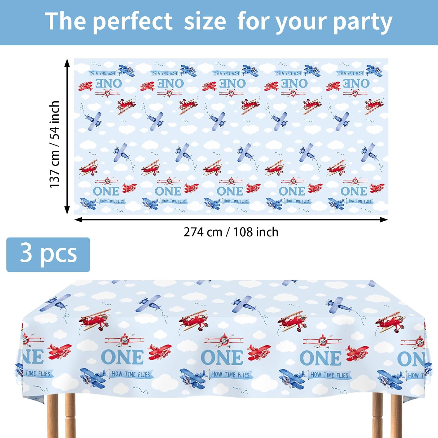 3Pcs Airplane 1st Birthday Tablecloth 54" x 108" - Time Flies Plastic Waterproof Table Cover for Boy Baby Shower - Grencian