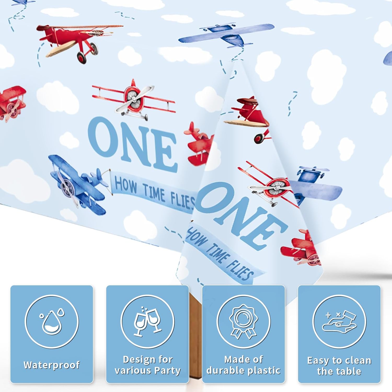3Pcs Airplane 1st Birthday Tablecloth 54" x 108" - Time Flies Plastic Waterproof Table Cover for Boy Baby Shower - Grencian
