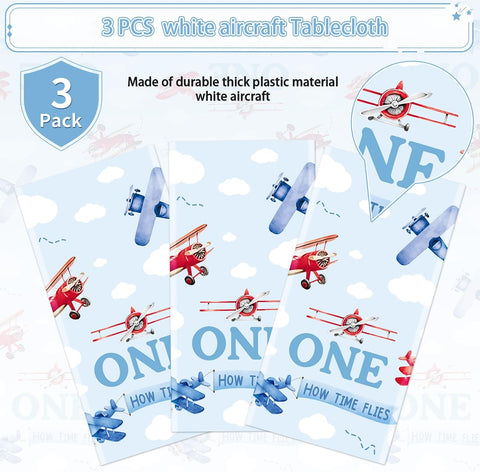 3Pcs Airplane 1st Birthday Tablecloth 54" x 108" - Time Flies Plastic Waterproof Table Cover for Boy Baby Shower - Grencian