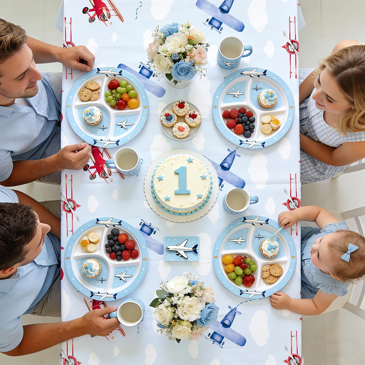 3Pcs Airplane 1st Birthday Tablecloth 54" x 108" - Time Flies Plastic Waterproof Table Cover for Boy Baby Shower - Grencian