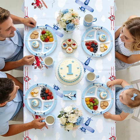 3Pcs Airplane 1st Birthday Tablecloth 54" x 108" - Time Flies Plastic Waterproof Table Cover for Boy Baby Shower - Grencian