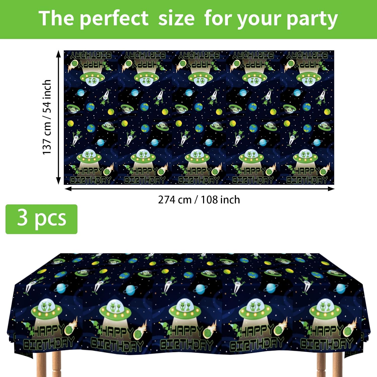 3Pcs Alien Birthday Tablecloth 54" x 108" - Funny UFO Outer Space Green Rectangle Table Cover for Boys Girls - Grencian