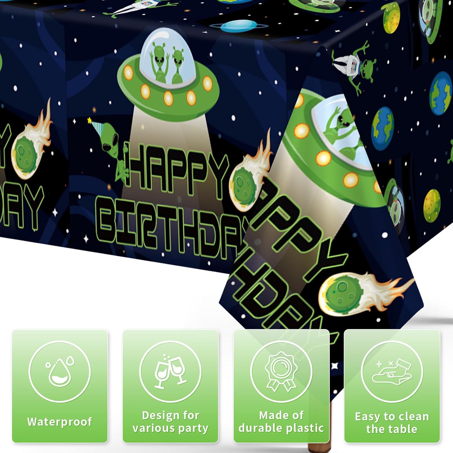 3Pcs Alien Birthday Tablecloth 54" x 108" - Funny UFO Outer Space Green Rectangle Table Cover for Boys Girls - Grencian