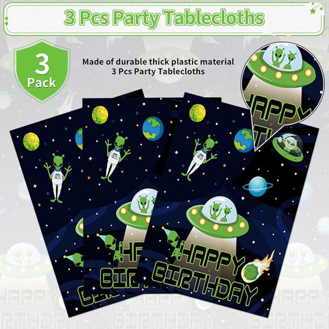3Pcs Alien Birthday Tablecloth 54" x 108" - Funny UFO Outer Space Green Rectangle Table Cover for Boys Girls - Grencian