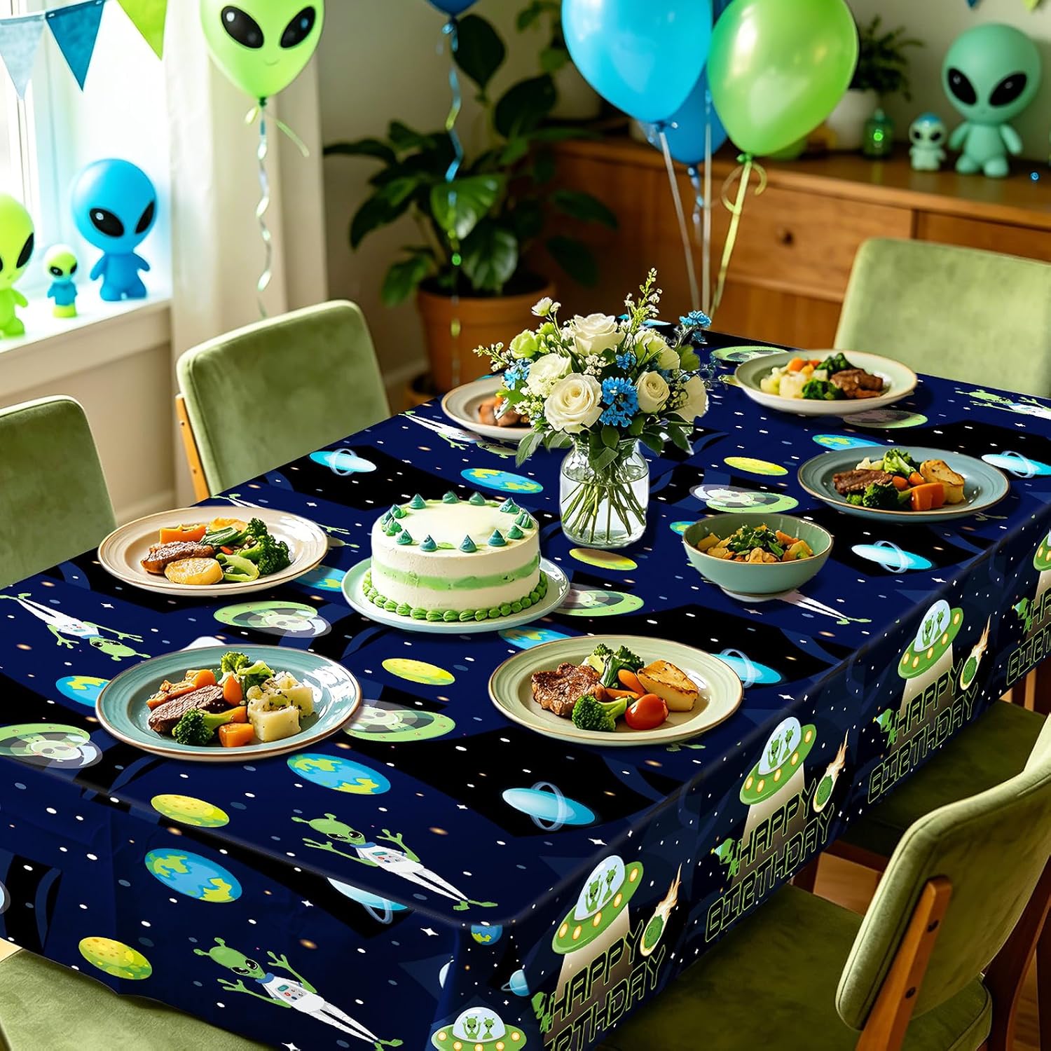 3Pcs Alien Birthday Tablecloth 54" x 108" - Funny UFO Outer Space Green Rectangle Table Cover for Boys Girls - Grencian