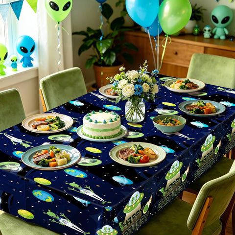 3Pcs Alien Birthday Tablecloth 54" x 108" - Funny UFO Outer Space Green Rectangle Table Cover for Boys Girls - Grencian