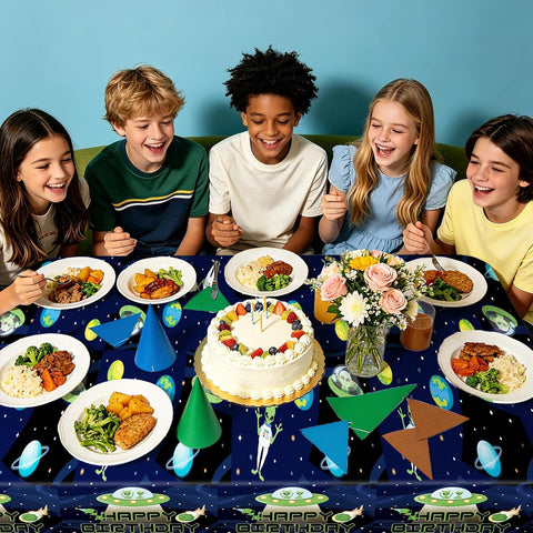 3Pcs Alien Birthday Tablecloth 54" x 108" - Funny UFO Outer Space Green Rectangle Table Cover for Boys Girls - Grencian