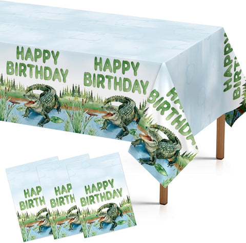 3Pcs Alligator Birthday Tablecloth 54" x 108" - Reptile Crocodile Swamp Rectangle Table Cover for Boys - Grencian