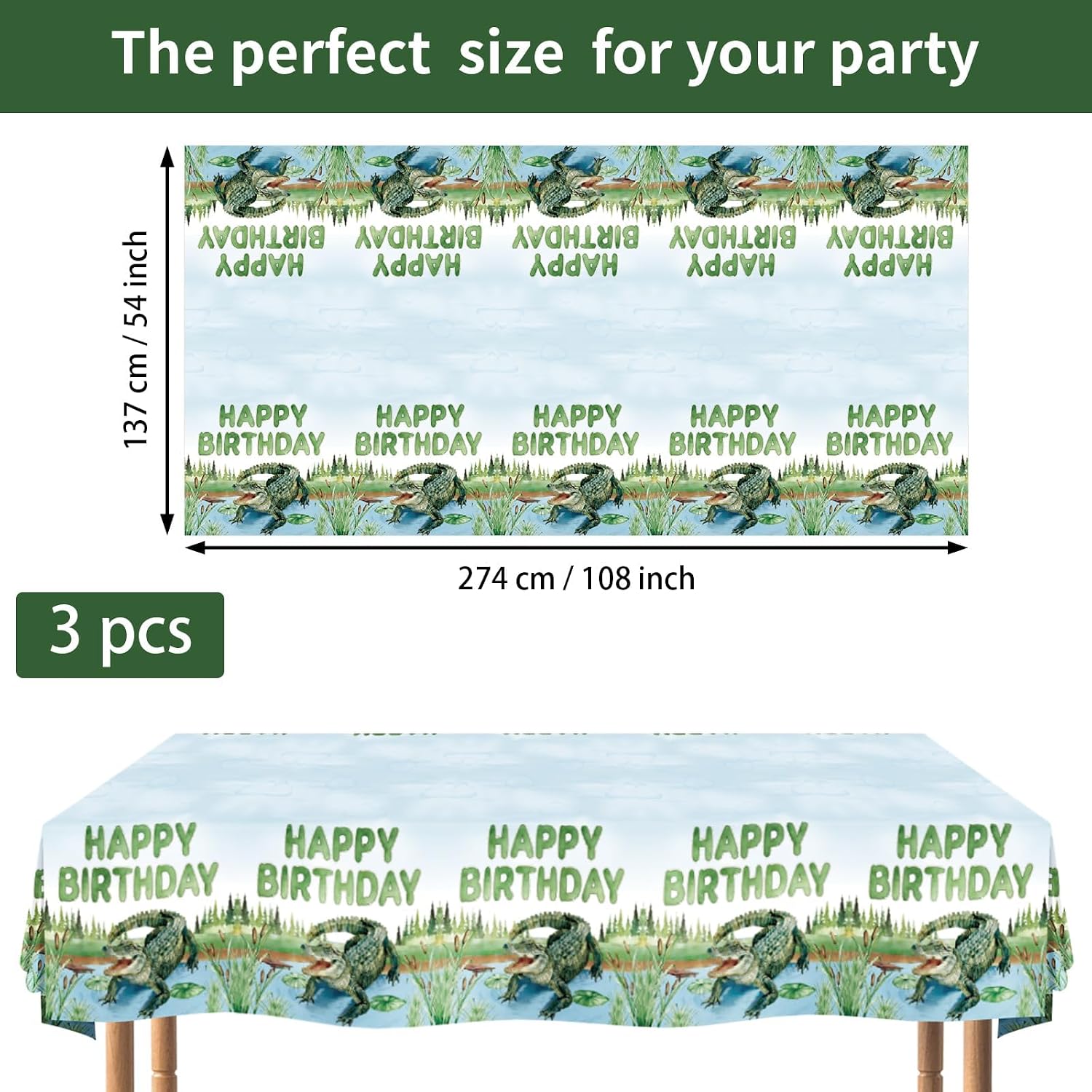 3Pcs Alligator Birthday Tablecloth 54" x 108" - Reptile Crocodile Swamp Rectangle Table Cover for Boys - Grencian