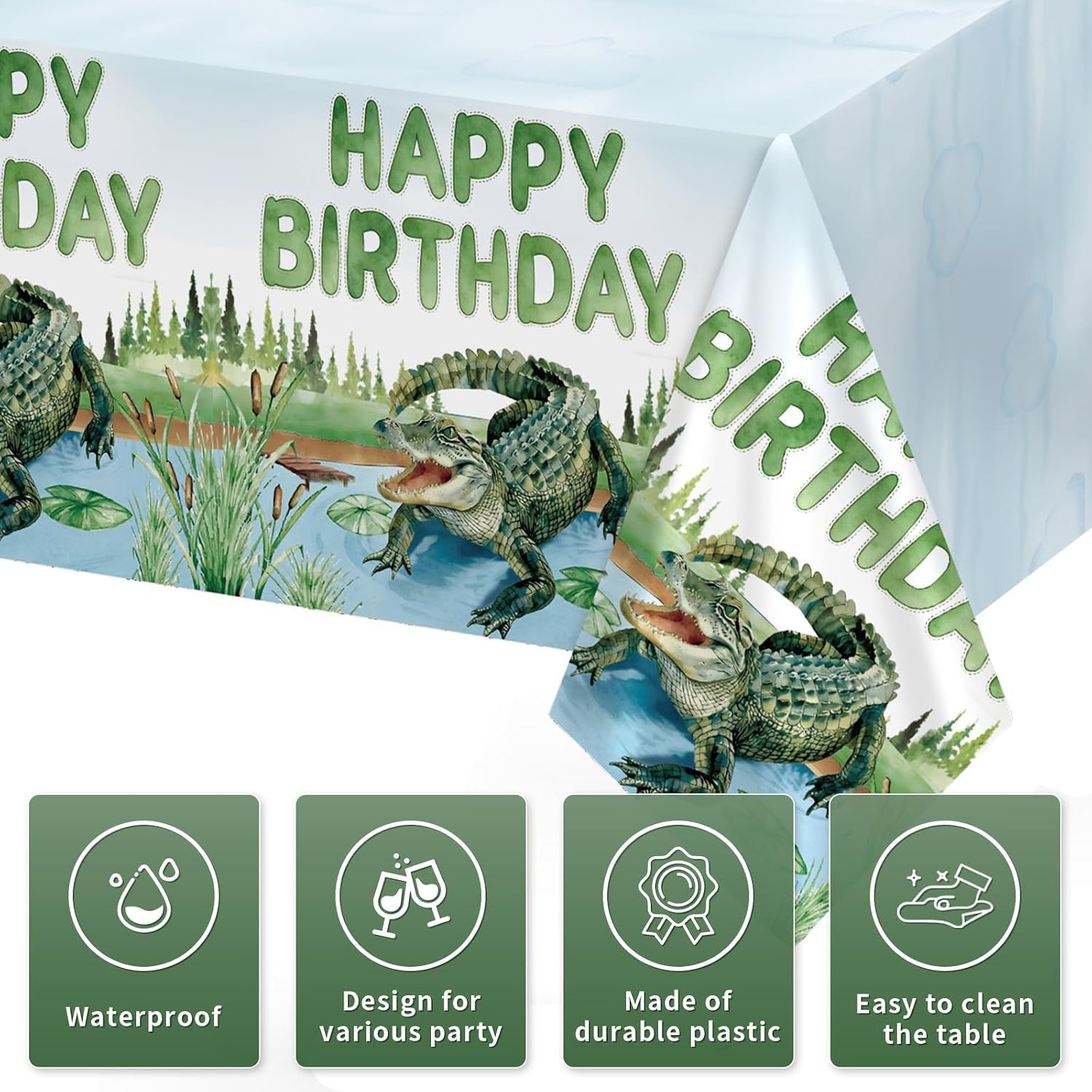 3Pcs Alligator Birthday Tablecloth 54" x 108" - Reptile Crocodile Swamp Rectangle Table Cover for Boys - Grencian