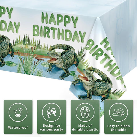 3Pcs Alligator Birthday Tablecloth 54" x 108" - Reptile Crocodile Swamp Rectangle Table Cover for Boys - Grencian