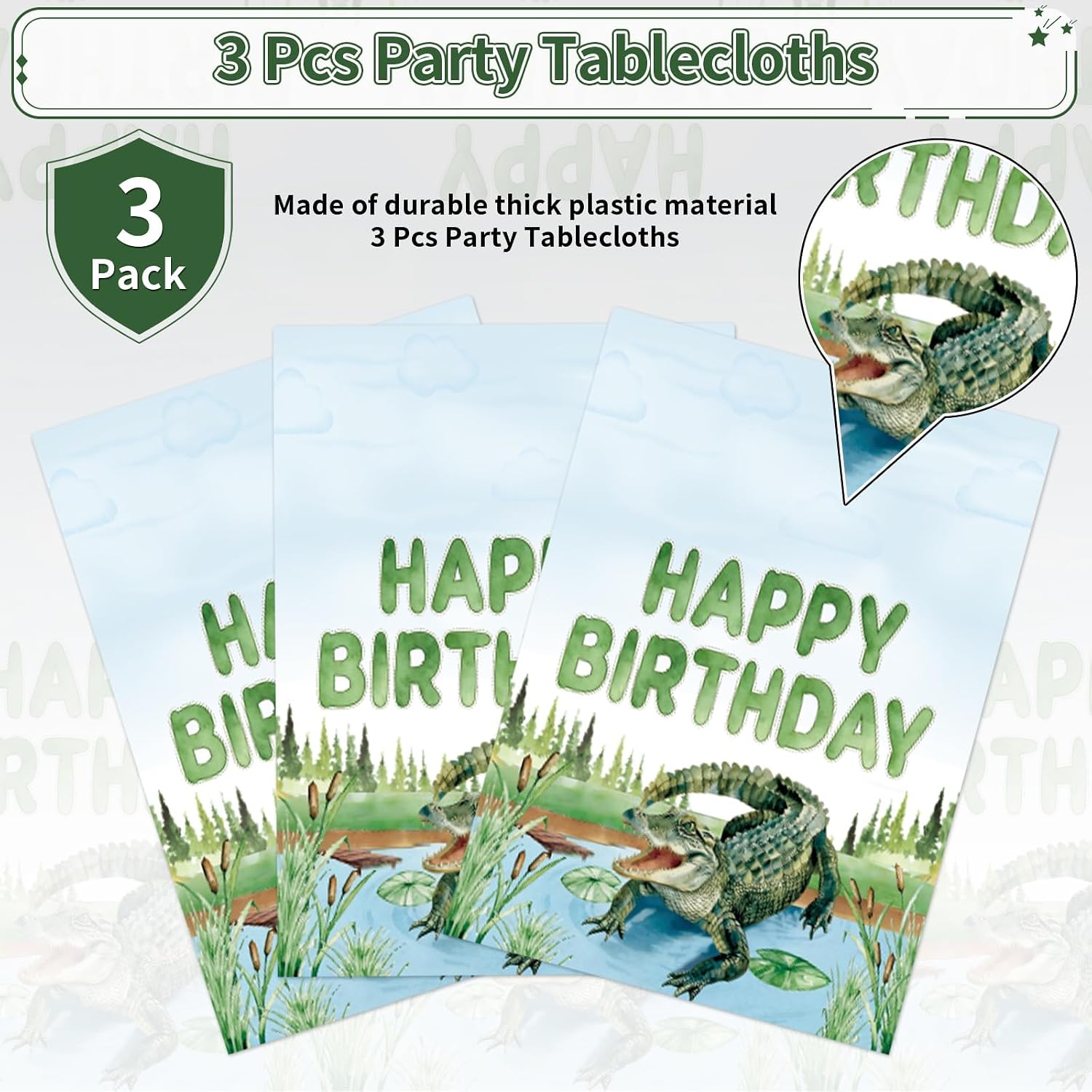 3Pcs Alligator Birthday Tablecloth 54" x 108" - Reptile Crocodile Swamp Rectangle Table Cover for Boys - Grencian