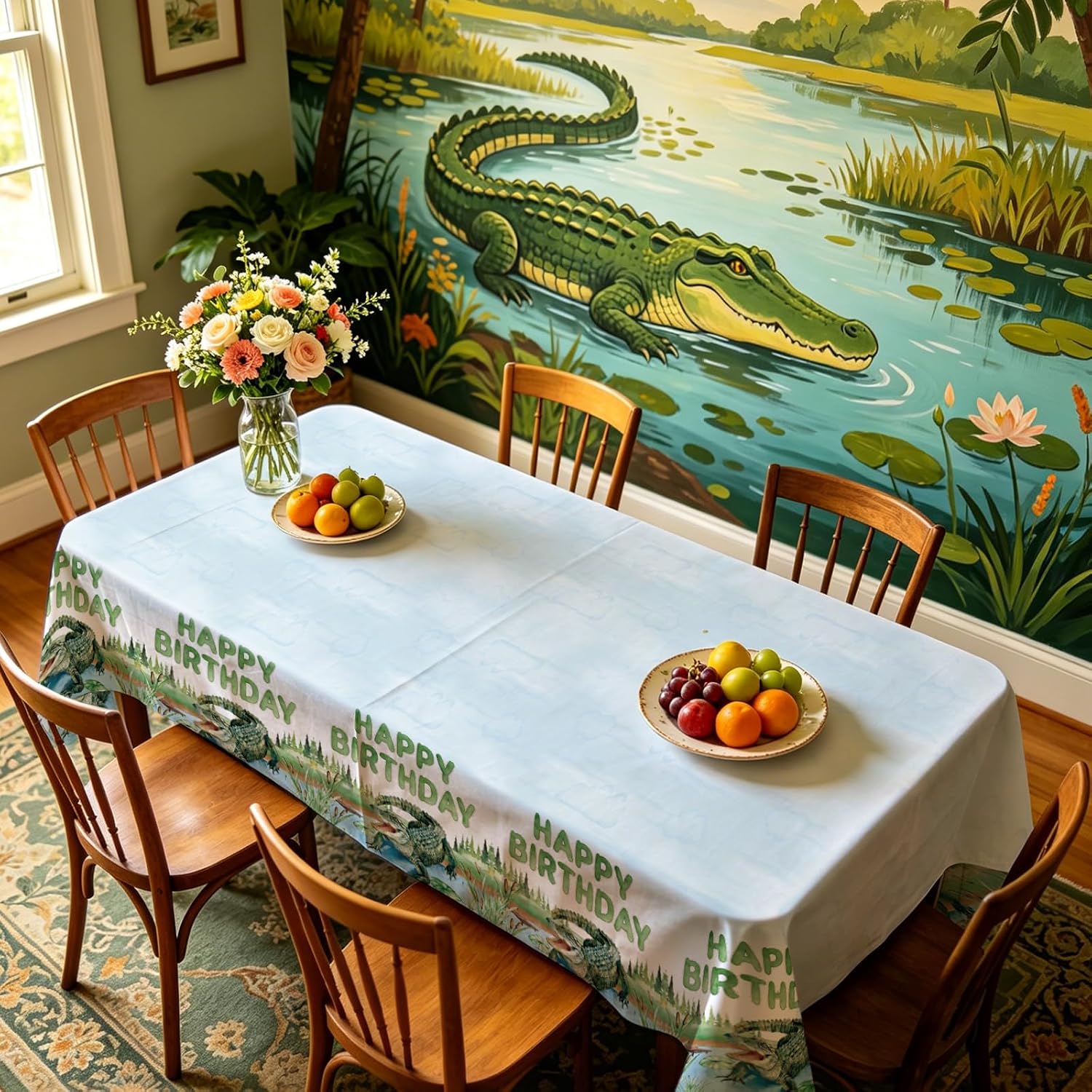 3Pcs Alligator Birthday Tablecloth 54" x 108" - Reptile Crocodile Swamp Rectangle Table Cover for Boys - Grencian