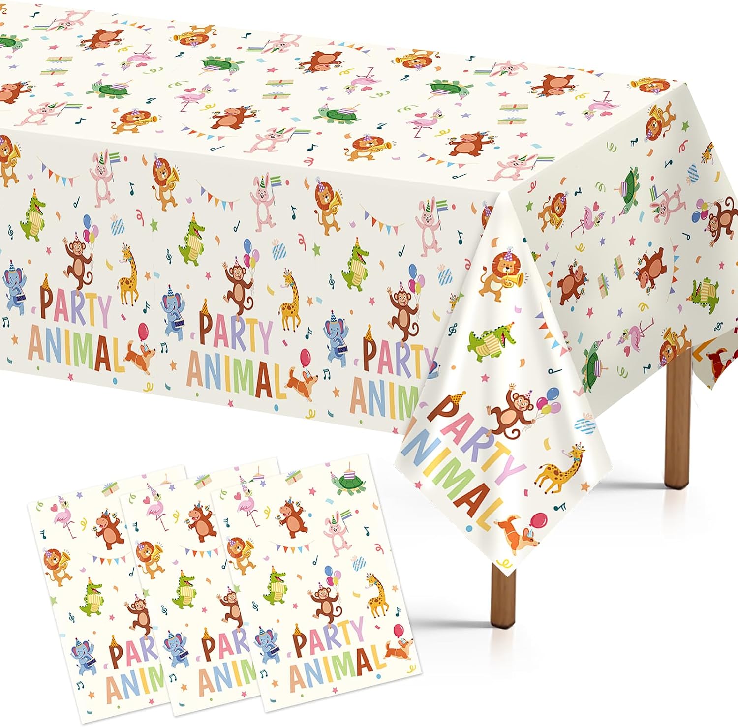 3Pcs Animal Parade Birthday Tablecloth 54" x 108" - Jungle Zoo Safari Rectangle Table Cover for Baby Shower - Grencian