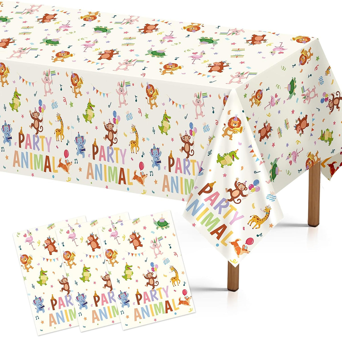 3Pcs Animal Parade Birthday Tablecloth 54" x 108" - Jungle Zoo Safari Rectangle Table Cover for Baby Shower - Grencian