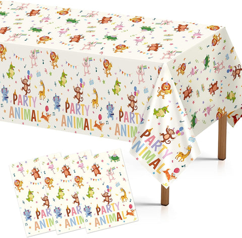 3Pcs Animal Parade Birthday Tablecloth 54" x 108" - Jungle Zoo Safari Rectangle Table Cover for Baby Shower - Grencian