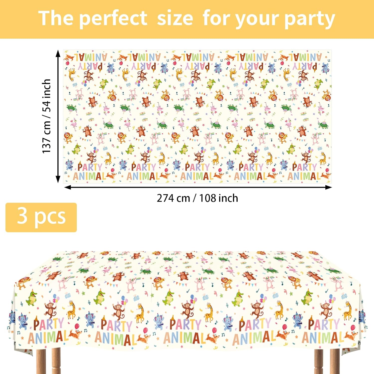 3Pcs Animal Parade Birthday Tablecloth 54" x 108" - Jungle Zoo Safari Rectangle Table Cover for Baby Shower - Grencian