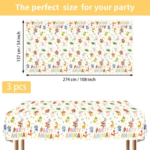 3Pcs Animal Parade Birthday Tablecloth 54" x 108" - Jungle Zoo Safari Rectangle Table Cover for Baby Shower - Grencian