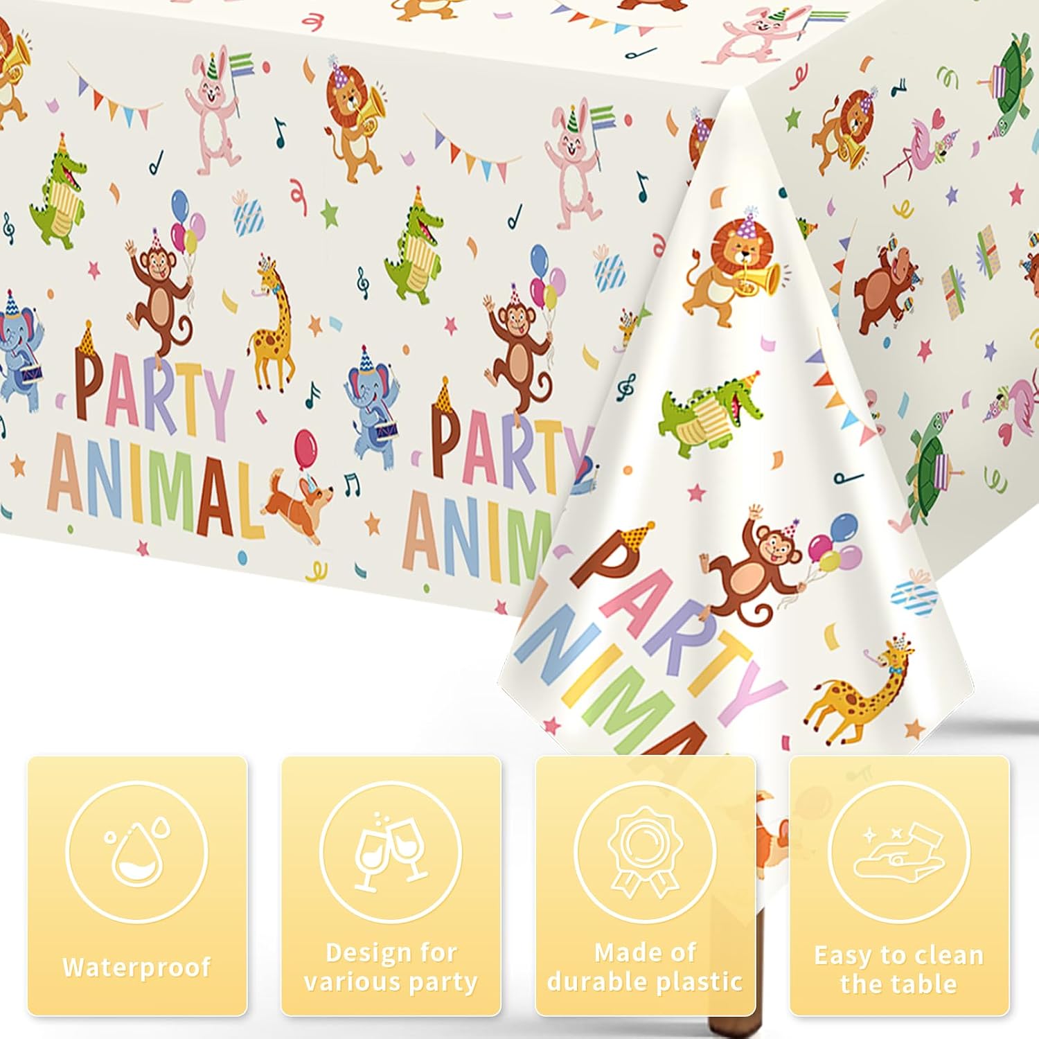3Pcs Animal Parade Birthday Tablecloth 54" x 108" - Jungle Zoo Safari Rectangle Table Cover for Baby Shower - Grencian
