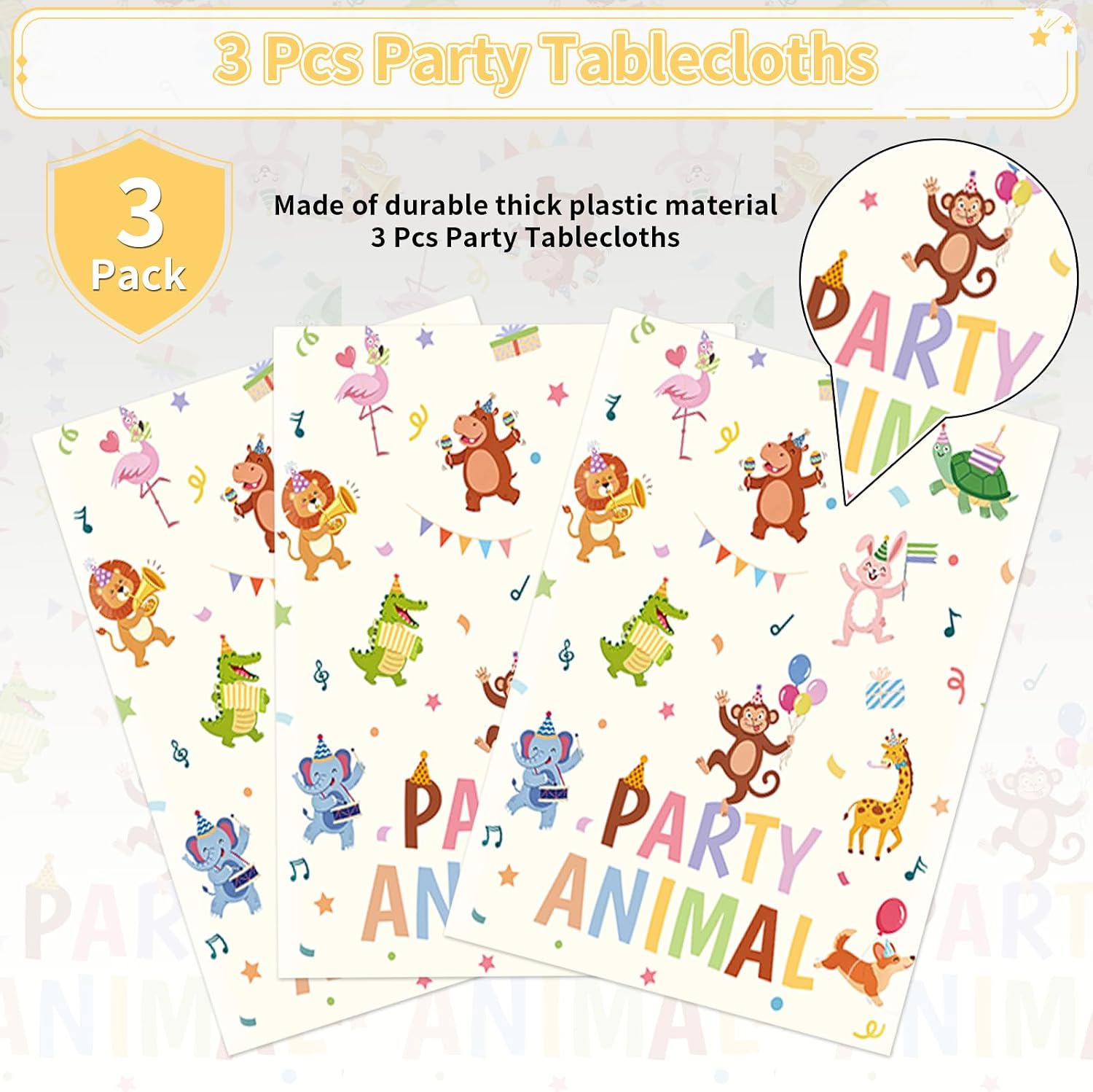 3Pcs Animal Parade Birthday Tablecloth 54" x 108" - Jungle Zoo Safari Rectangle Table Cover for Baby Shower - Grencian