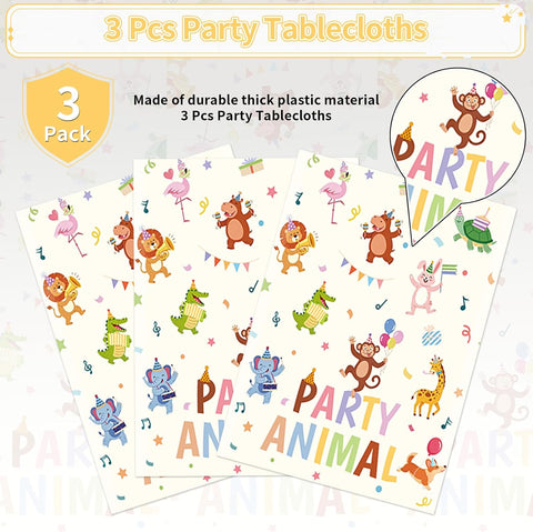 3Pcs Animal Parade Birthday Tablecloth 54" x 108" - Jungle Zoo Safari Rectangle Table Cover for Baby Shower - Grencian