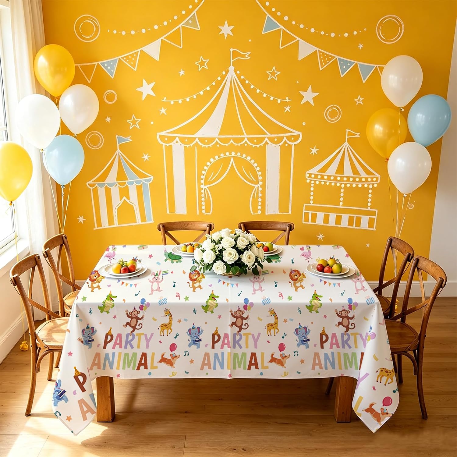 3Pcs Animal Parade Birthday Tablecloth 54" x 108" - Jungle Zoo Safari Rectangle Table Cover for Baby Shower - Grencian