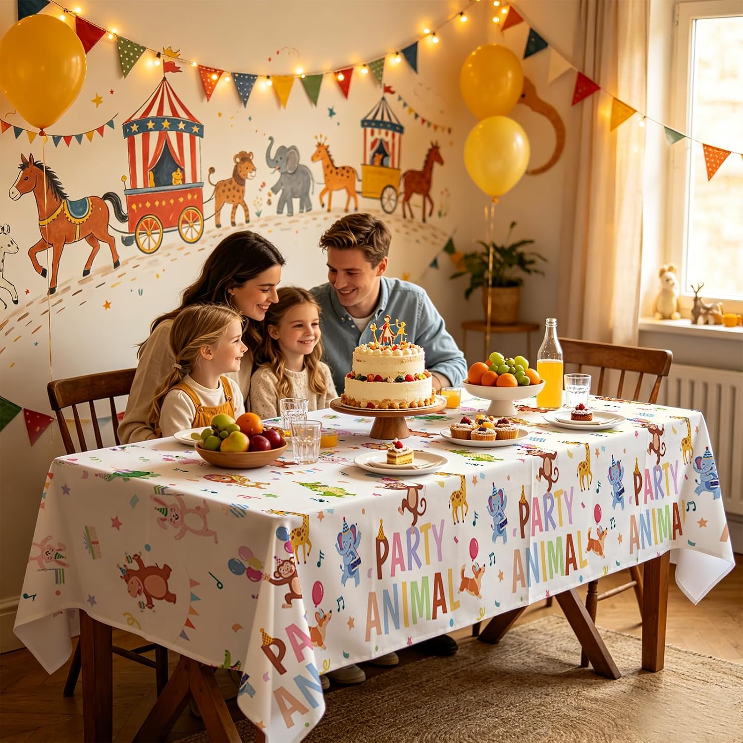 3Pcs Animal Parade Birthday Tablecloth 54" x 108" - Jungle Zoo Safari Rectangle Table Cover for Baby Shower - Grencian