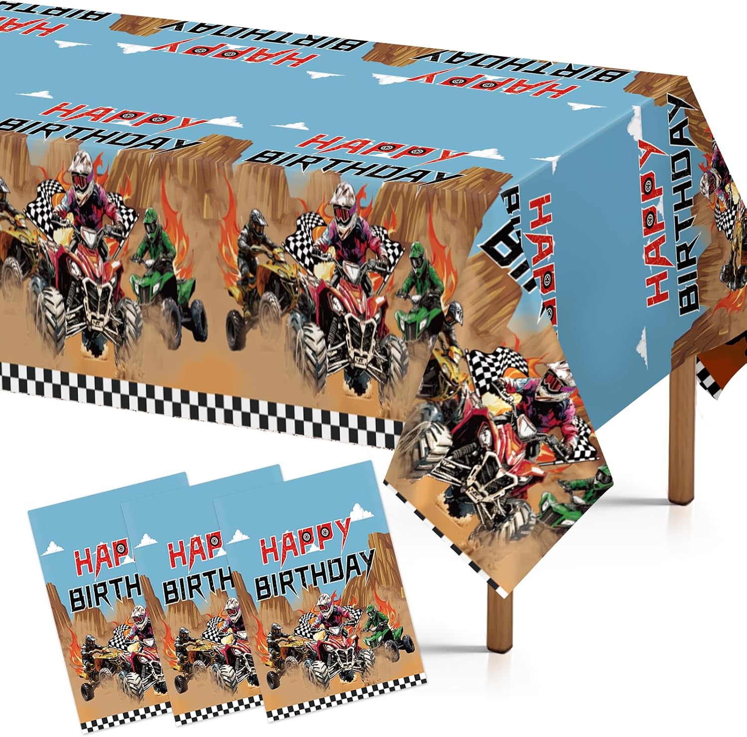 3Pcs ATV Quad Bike Party Tablecloth 54" x 108" - Dirt Bike Four Wheeler Racing Rectangle Table Cover for Boys Teens - Grencian