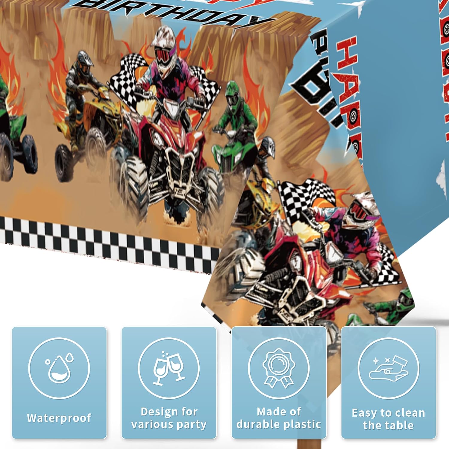 3Pcs ATV Quad Bike Party Tablecloth 54" x 108" - Dirt Bike Four Wheeler Racing Rectangle Table Cover for Boys Teens - Grencian
