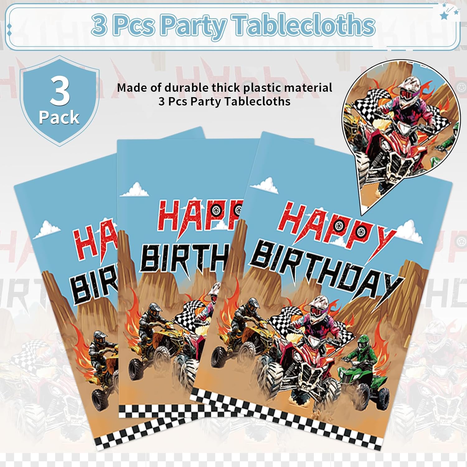 3Pcs ATV Quad Bike Party Tablecloth 54" x 108" - Dirt Bike Four Wheeler Racing Rectangle Table Cover for Boys Teens - Grencian