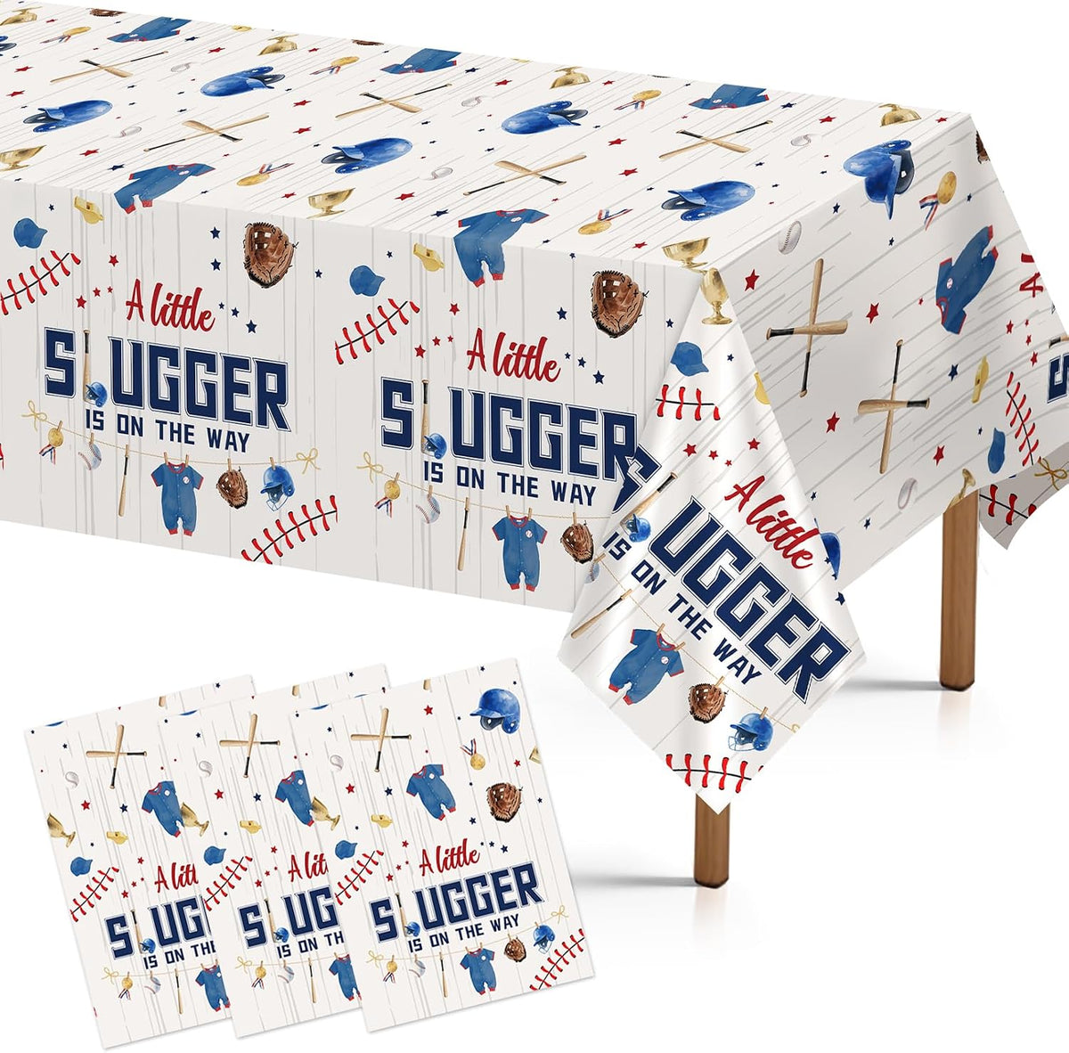 3Pcs Baseball Baby Shower Tablecloth 54" x 108" - A Little Slugger is on the Way Rectangle Table Cover for Boys - Grencian