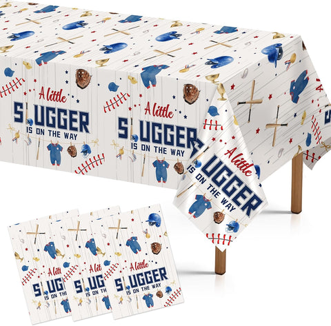 3Pcs Baseball Baby Shower Tablecloth 54" x 108" - A Little Slugger is on the Way Rectangle Table Cover for Boys - Grencian