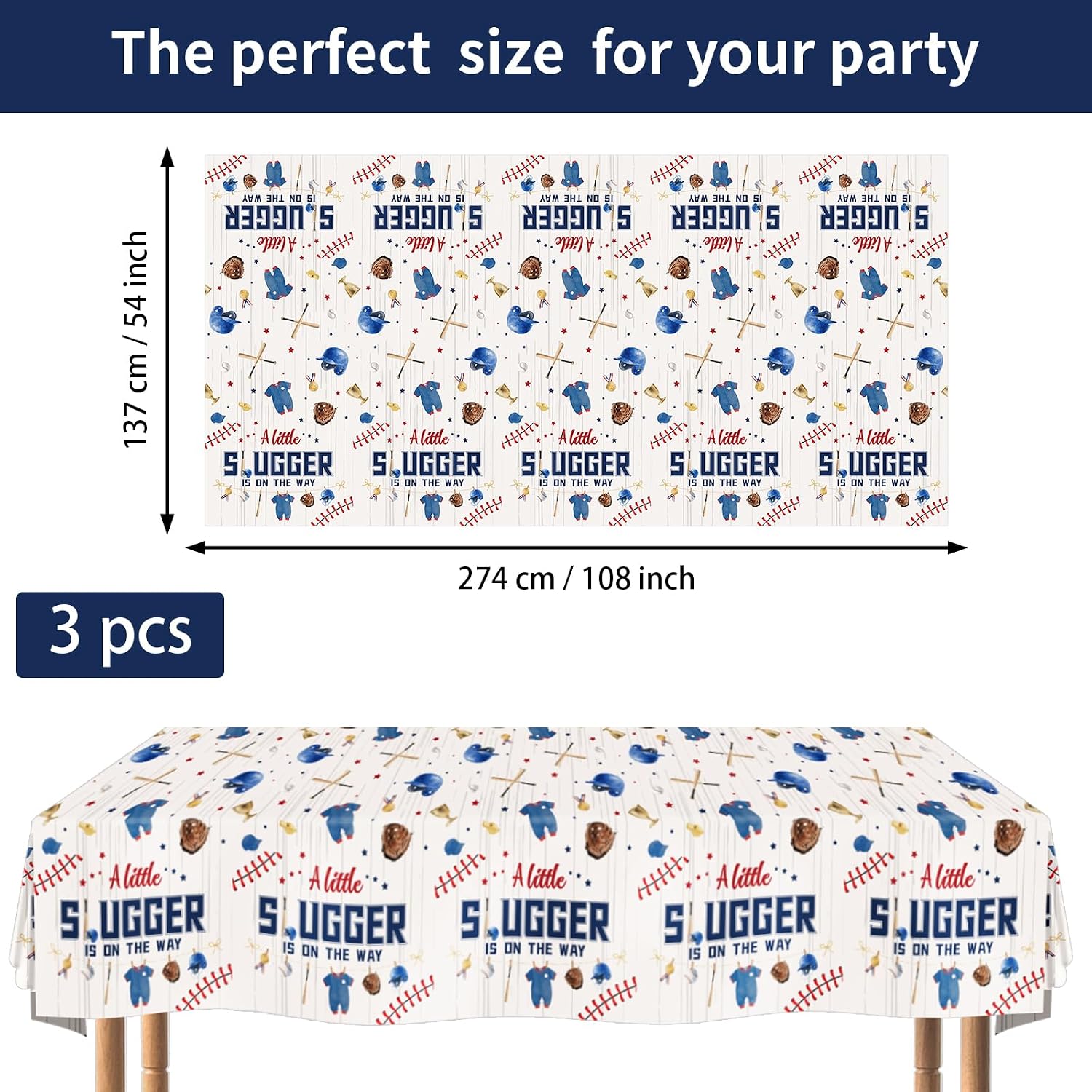 3Pcs Baseball Baby Shower Tablecloth 54" x 108" - A Little Slugger is on the Way Rectangle Table Cover for Boys - Grencian