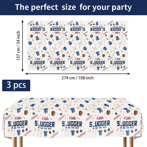 3Pcs Baseball Baby Shower Tablecloth 54" x 108" - A Little Slugger is on the Way Rectangle Table Cover for Boys - Grencian
